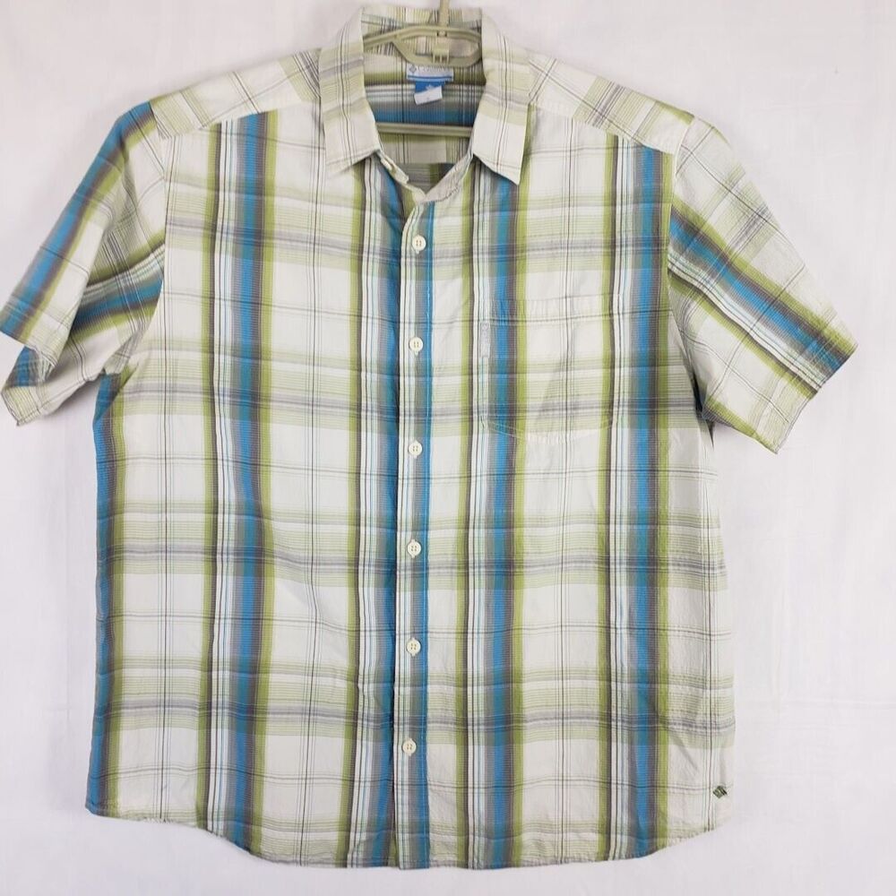 Columbia Shirt Mens XL Seersucker Short Sleeves Button Front Cream Blue Plaid
